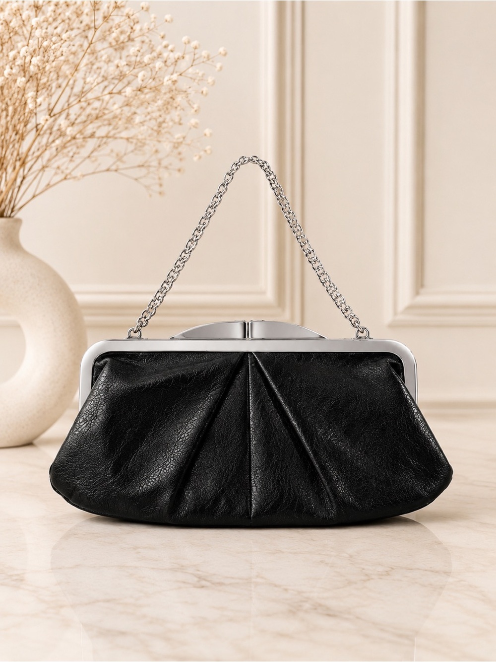 HOBO Black Leather Shoulder Bag Silver Chain clutch